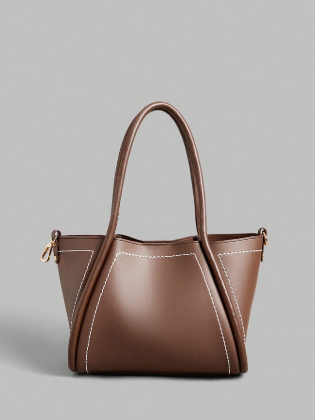 Bolso de mujer Ontre, de moda y en color marrón, con detalles de costuras delicadas y un diseño tote abierto y sencillo. Ideal para el uso diario, el trabajo, citas y compras